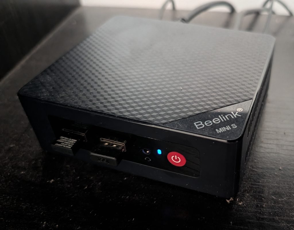 Beelink Mini S — the actual mini PC used to run the author's home Factorio server