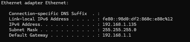 ipconfig output showing local IPv4 address on Windows