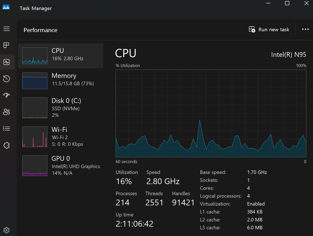 Real-time resource usage on the same Beelink Mini S: playing a video, running a Minecraft server, and running a Factorio server simultaneously — CPU sits at just 16%, though memory climbs to around 73% under this combined load.