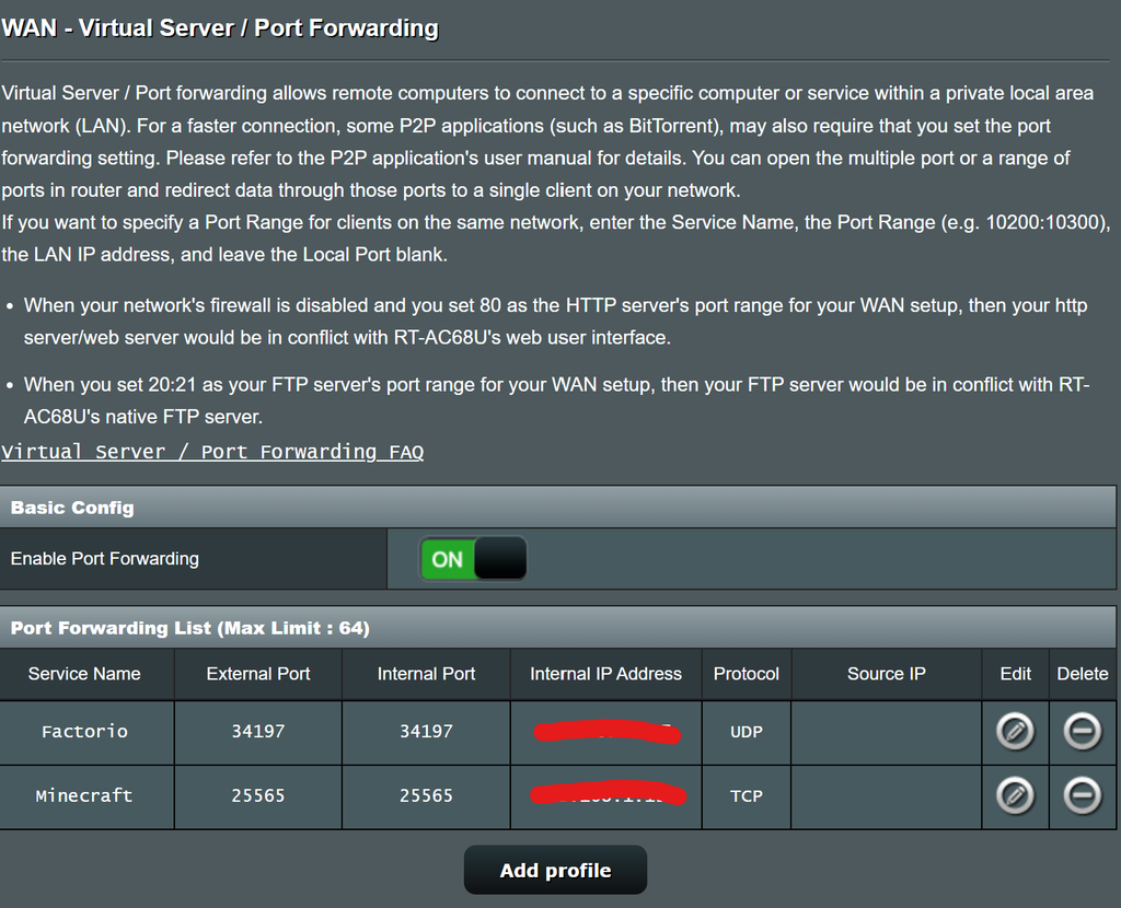 Router port forwarding rule for a TCP-based game server