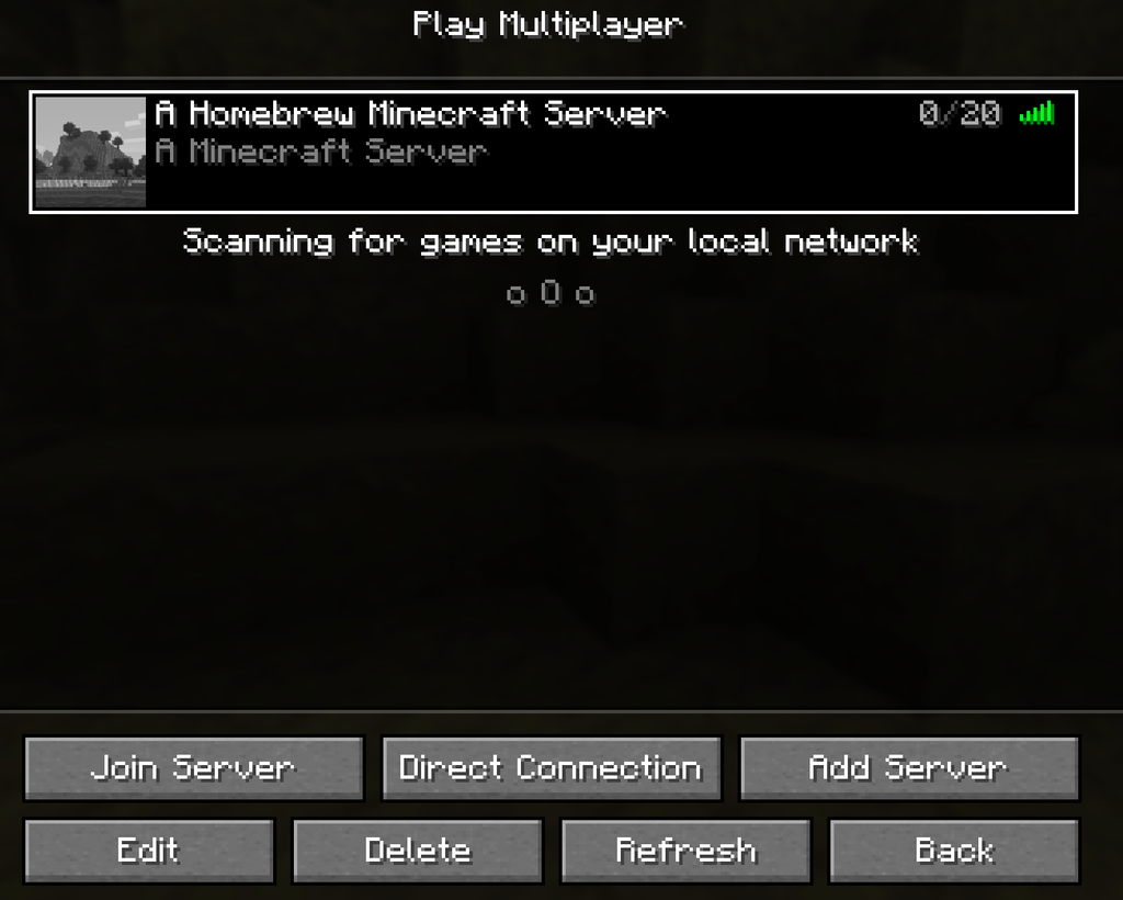 Minecraft multiplayer screen showing a successful connection to the home server