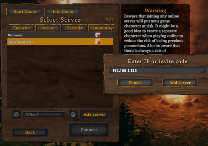 Adding a Valheim server by IP address in the server browser